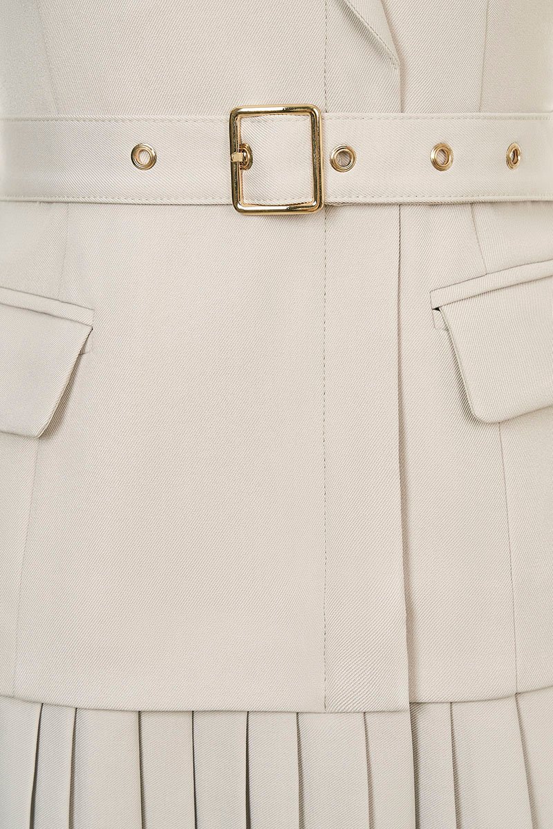 Minji Tailored Pleated Mini Dress in Pewter Beige