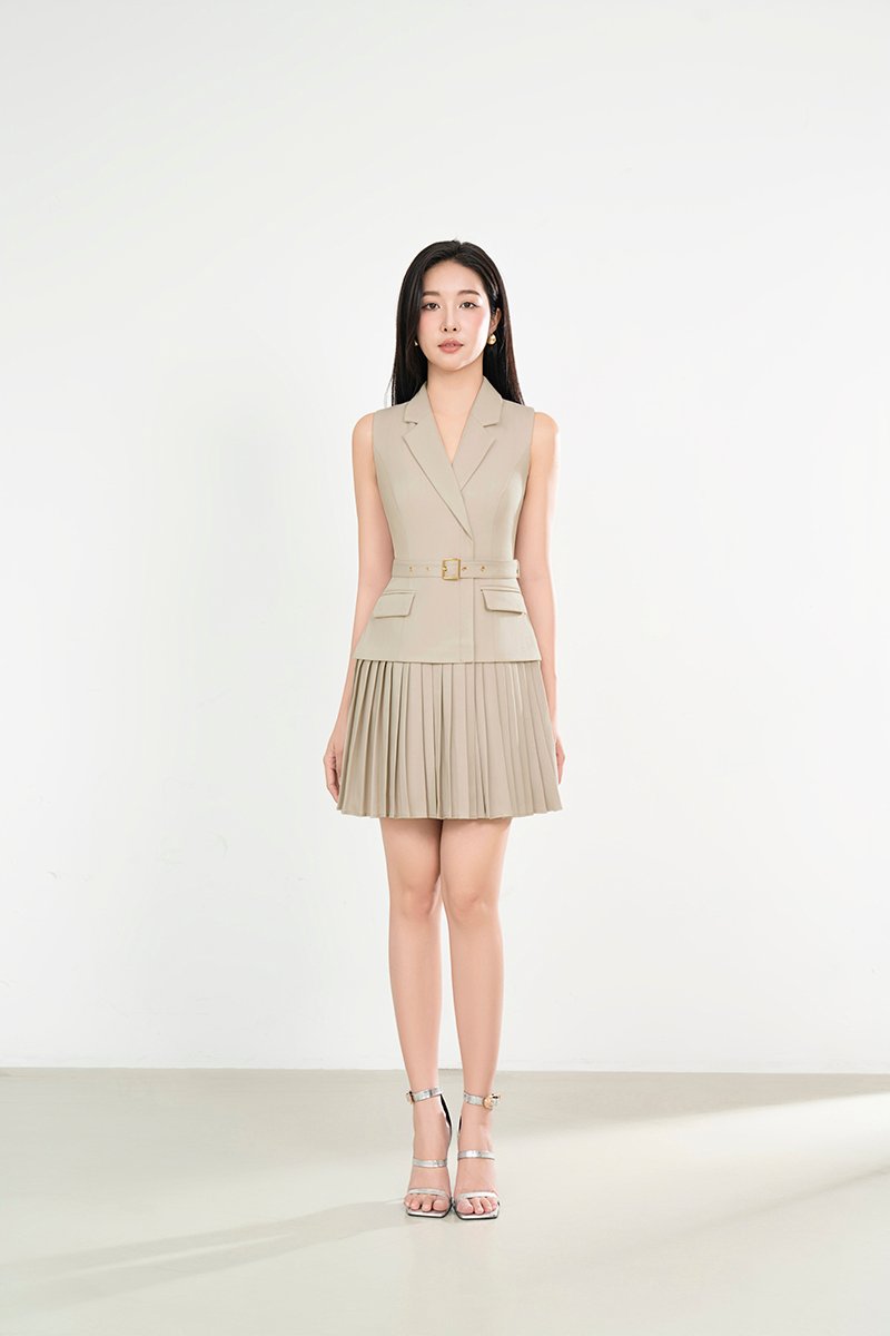 Minji Tailored Pleated Mini Dress in Pewter Beige
