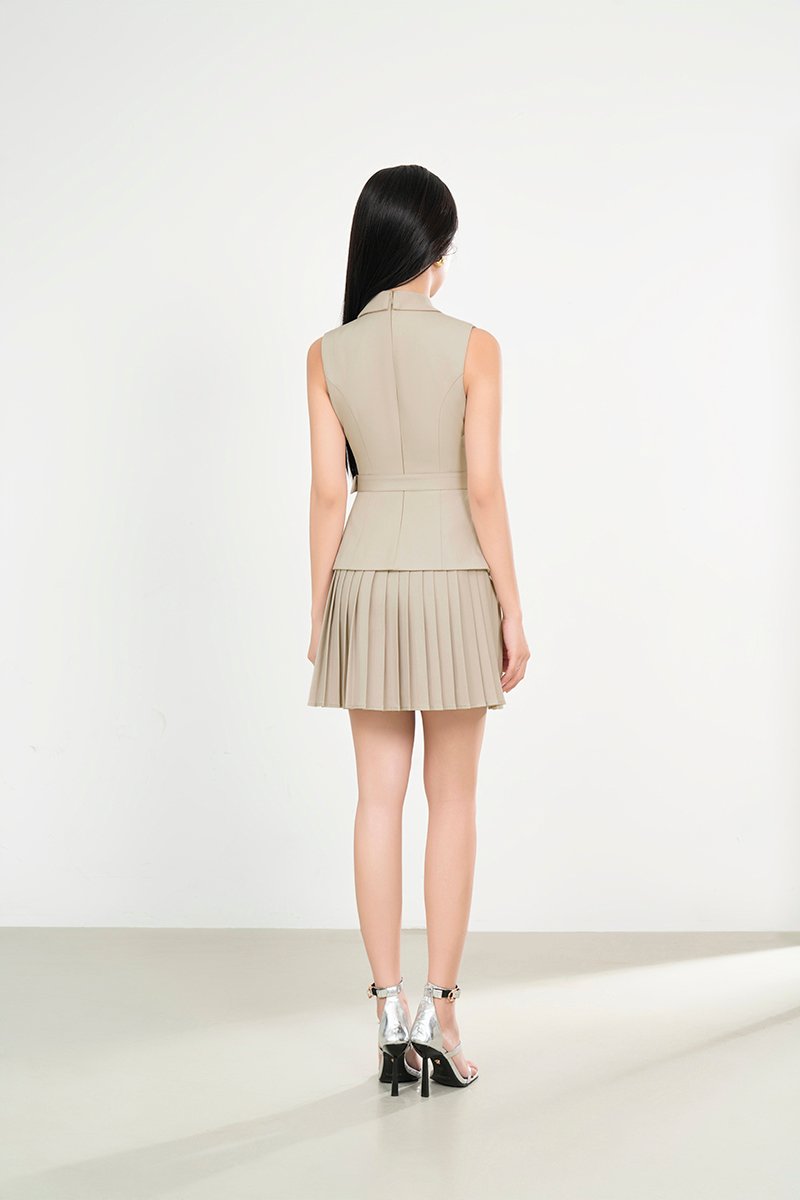 Minji Tailored Pleated Mini Dress in Pewter Beige