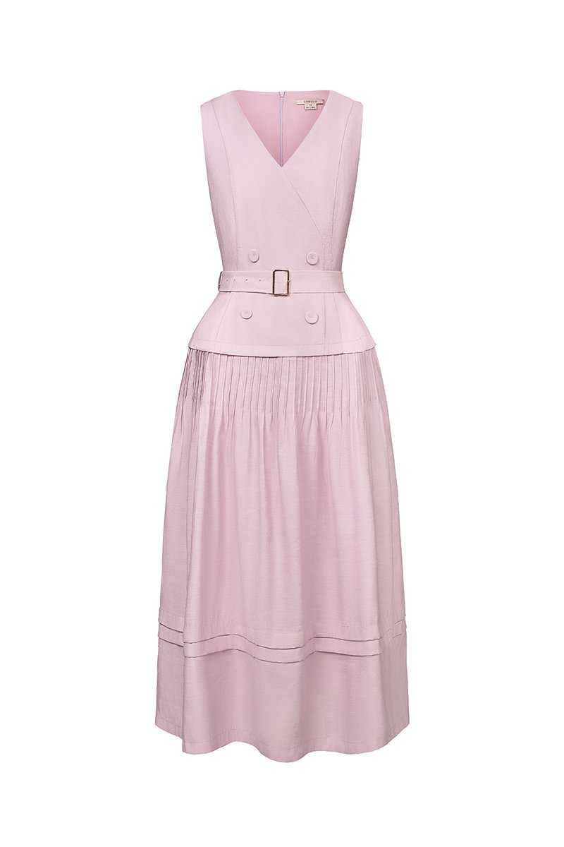 Reagan V-Neck Pleated Midi Dress in Soft Pink Lilac