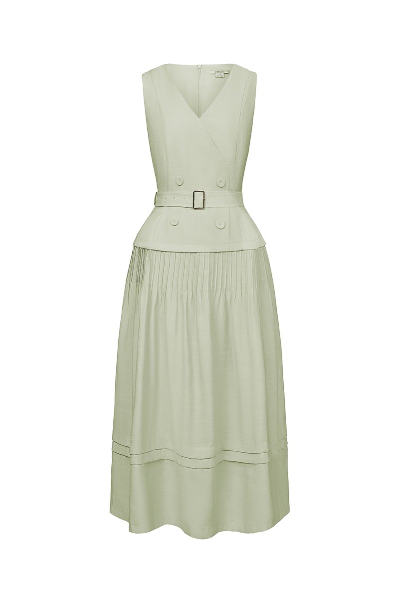 Reagan V-Neck Pleated Midi Dress in Sage Green
