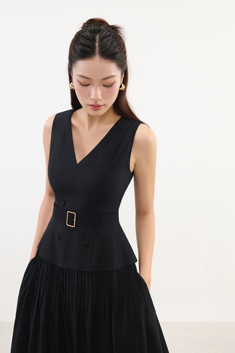 Reagan V-Neck Pleated Midi Dress in Classic Black