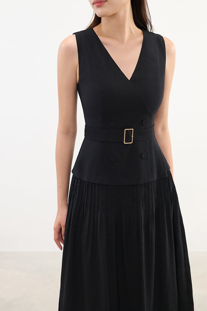 Reagan V-Neck Pleated Midi Dress in Classic Black