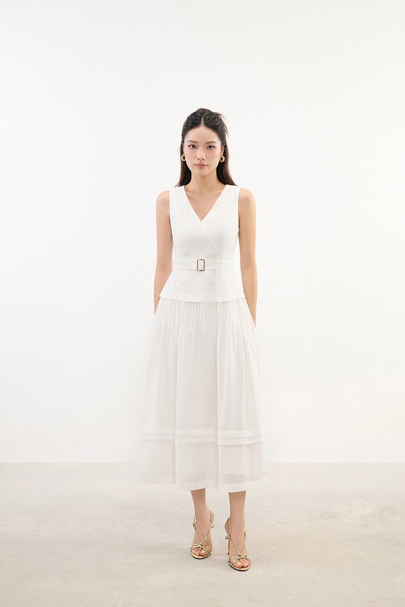 Reagan V-Neck Pleated Midi Dress in Iconic White