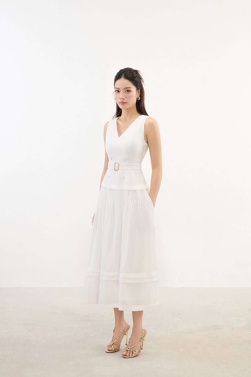 Reagan V-Neck Pleated Midi Dress in Iconic White
