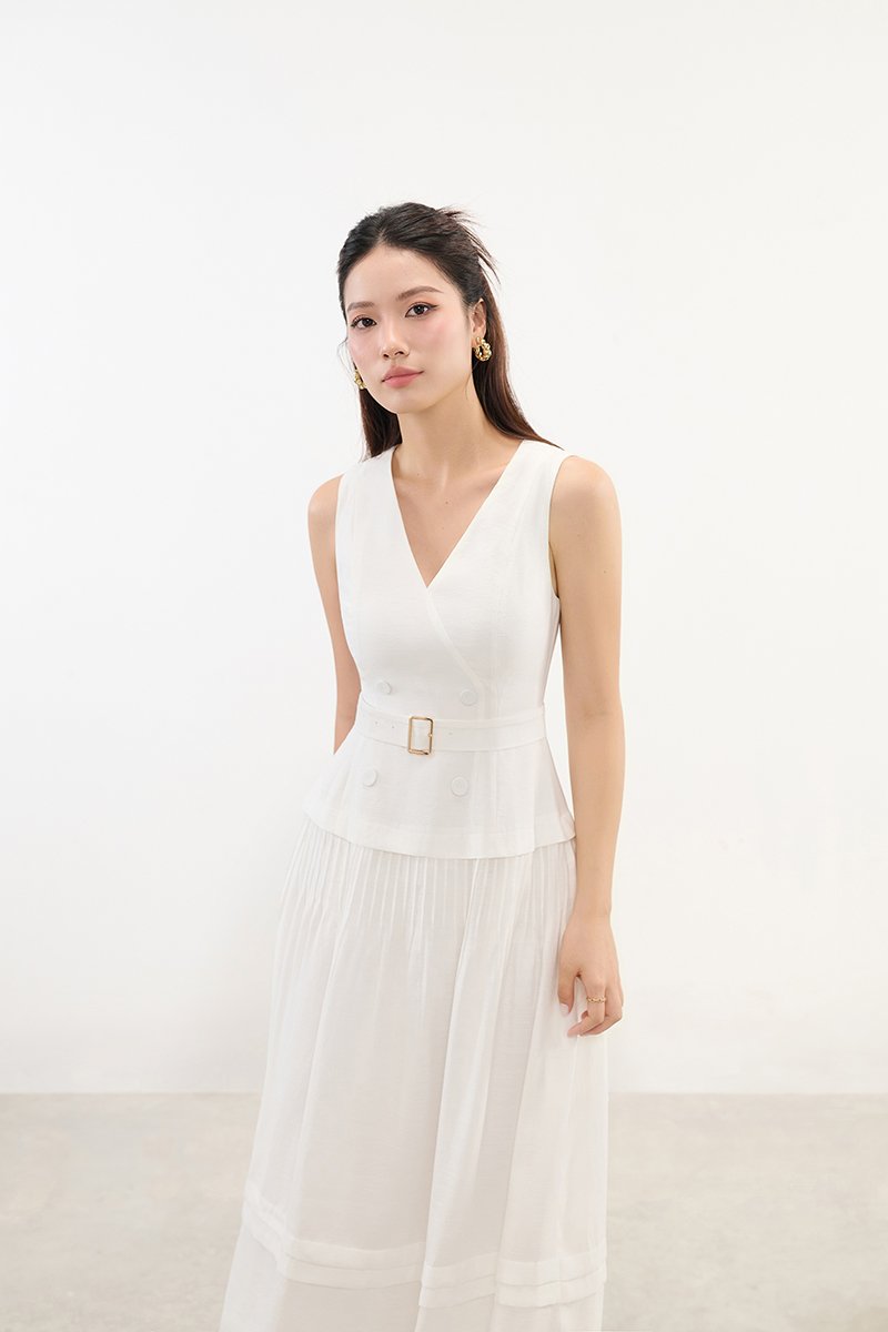 Reagan V-Neck Pleated Midi Dress in Iconic White