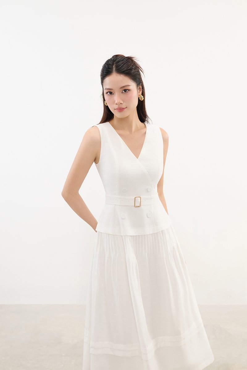 Reagan V-Neck Pleated Midi Dress in Iconic White