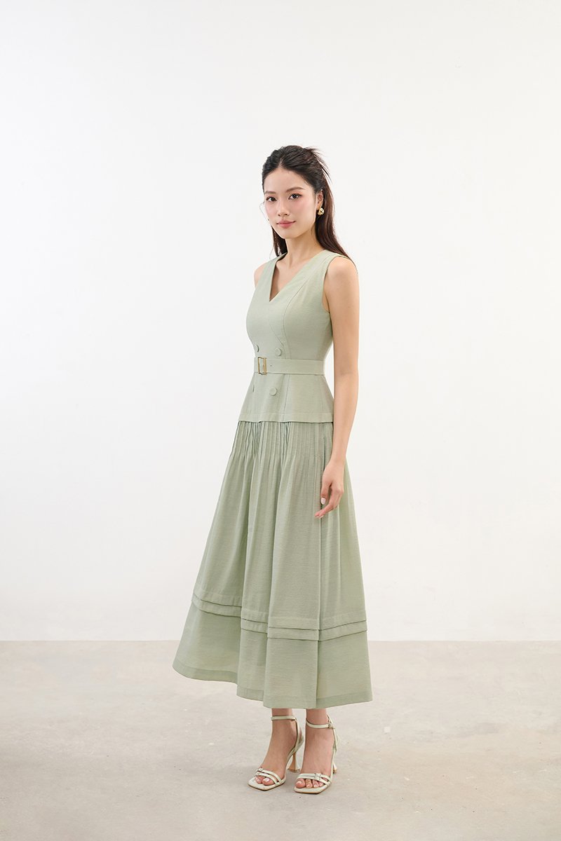 Reagan V-Neck Pleated Midi Dress in Sage Green