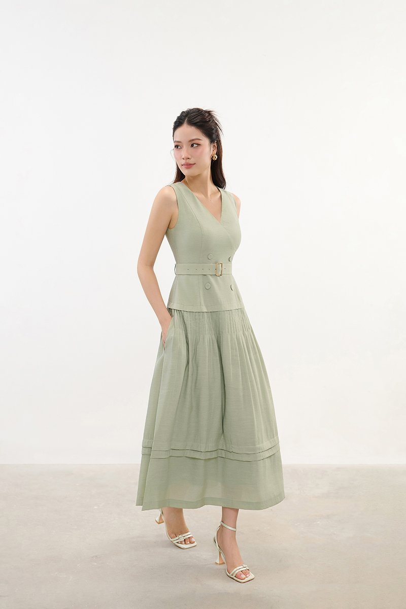 Reagan V-Neck Pleated Midi Dress in Sage Green