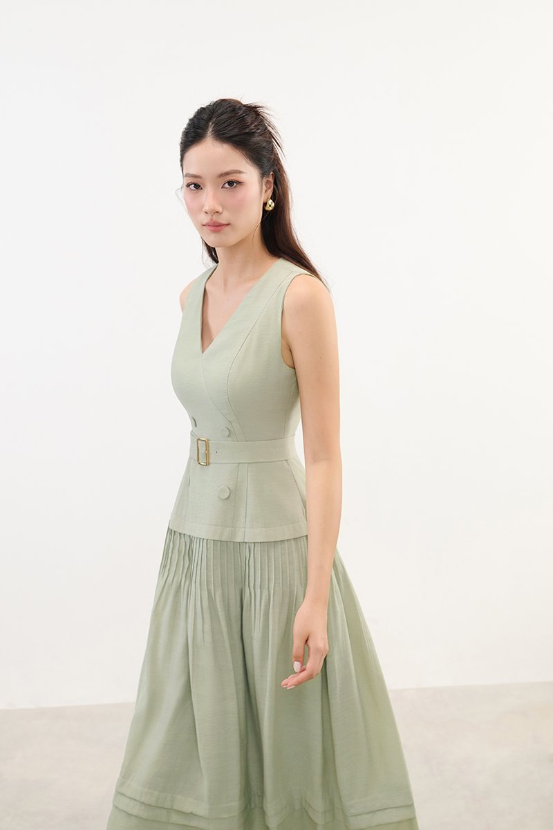 Reagan V-Neck Pleated Midi Dress in Sage Green
