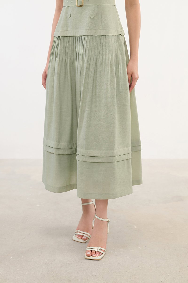 Reagan V-Neck Pleated Midi Dress in Sage Green