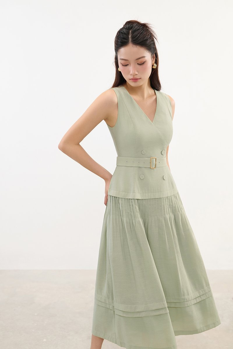 Reagan V-Neck Pleated Midi Dress in Sage Green