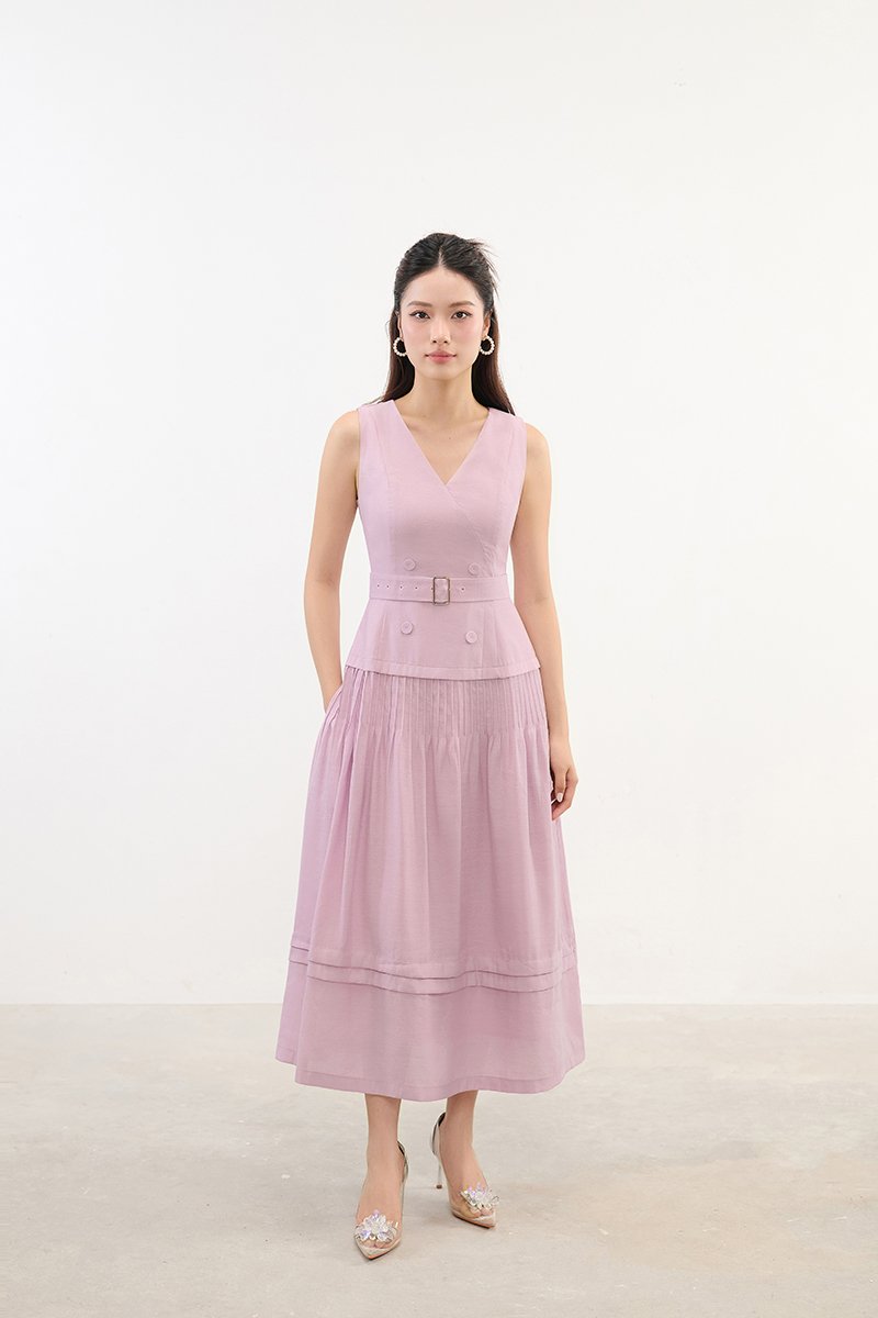 Reagan V-Neck Pleated Midi Dress in Soft Pink Lilac