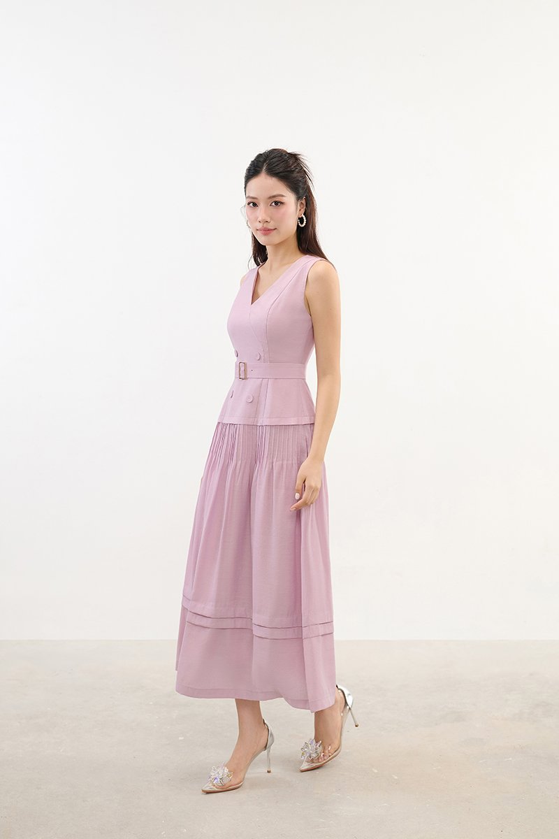 Reagan V-Neck Pleated Midi Dress in Soft Pink Lilac