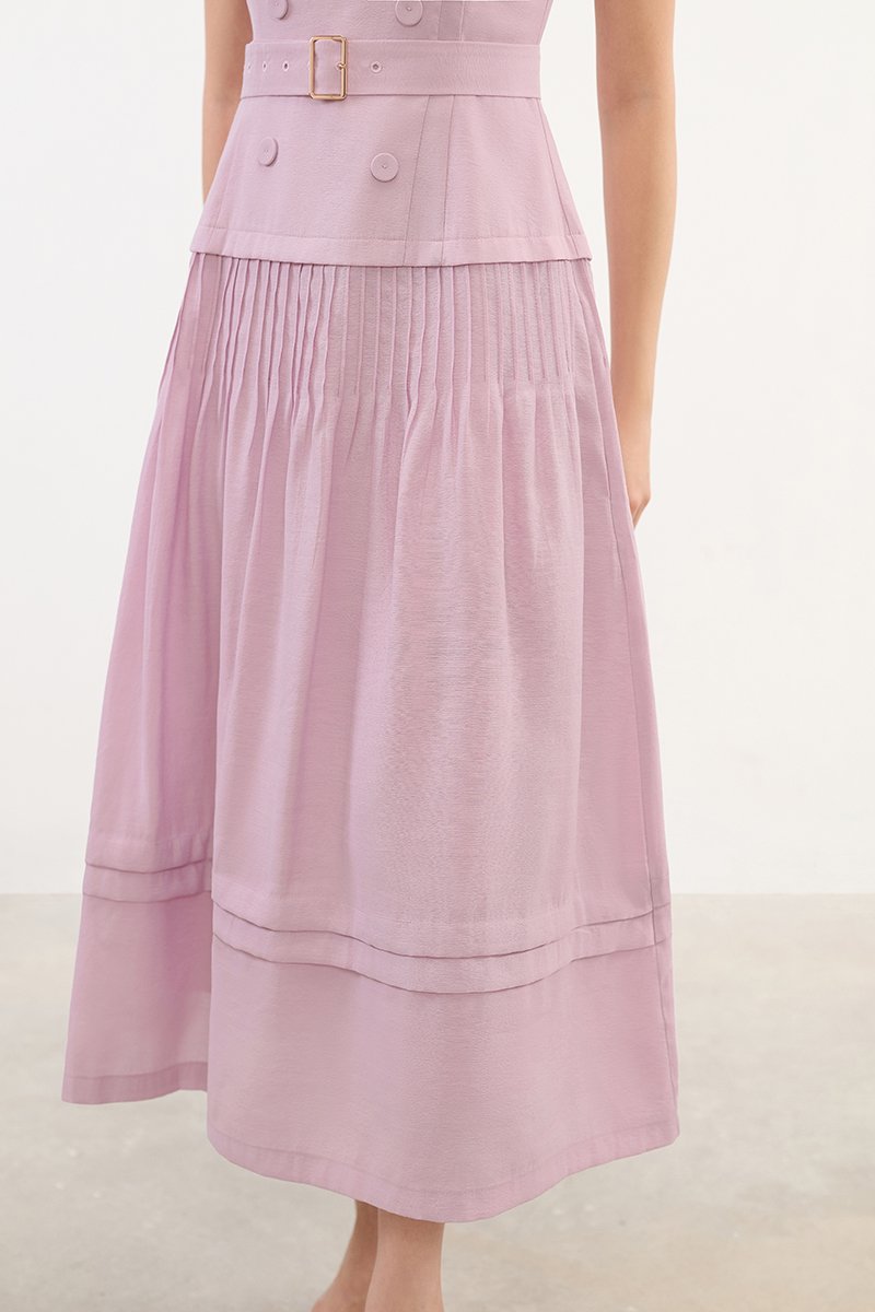Reagan V-Neck Pleated Midi Dress in Soft Pink Lilac