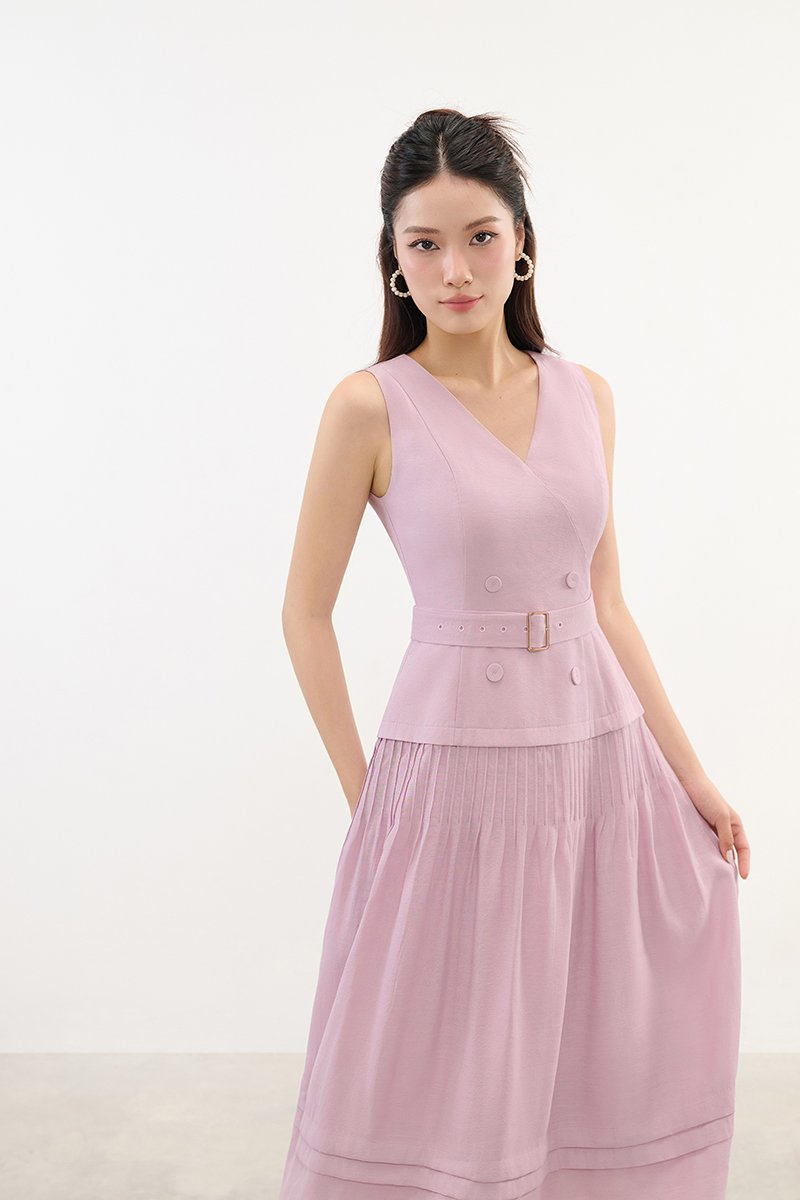 Reagan V-Neck Pleated Midi Dress in Soft Pink Lilac