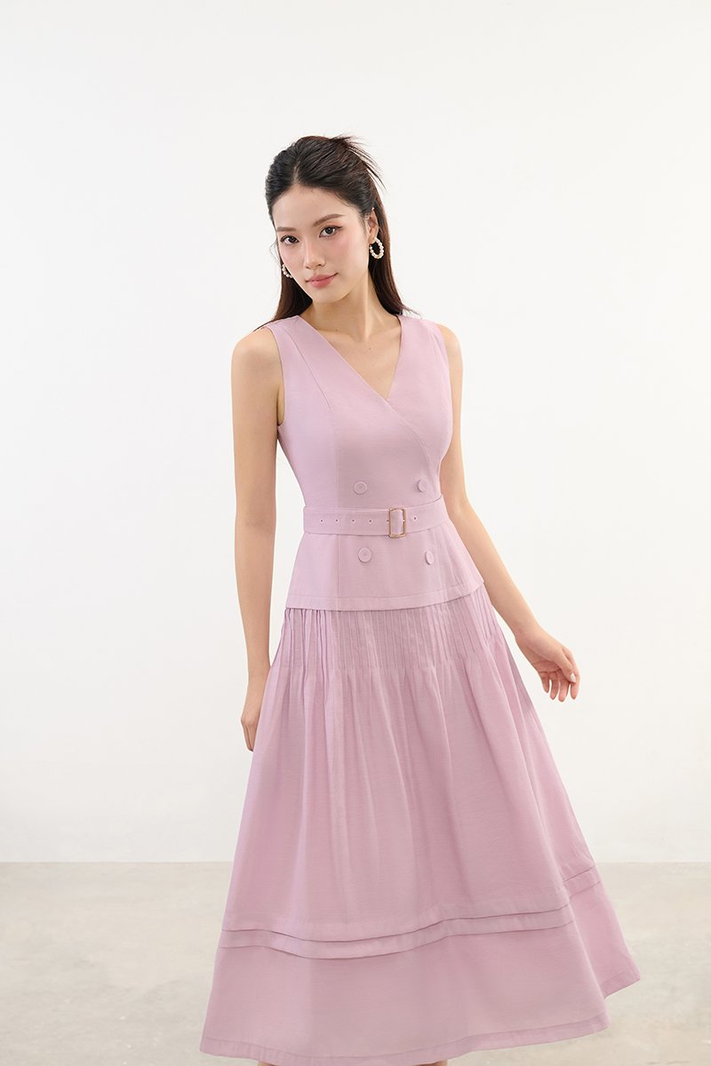 Reagan V-Neck Pleated Midi Dress in Soft Pink Lilac