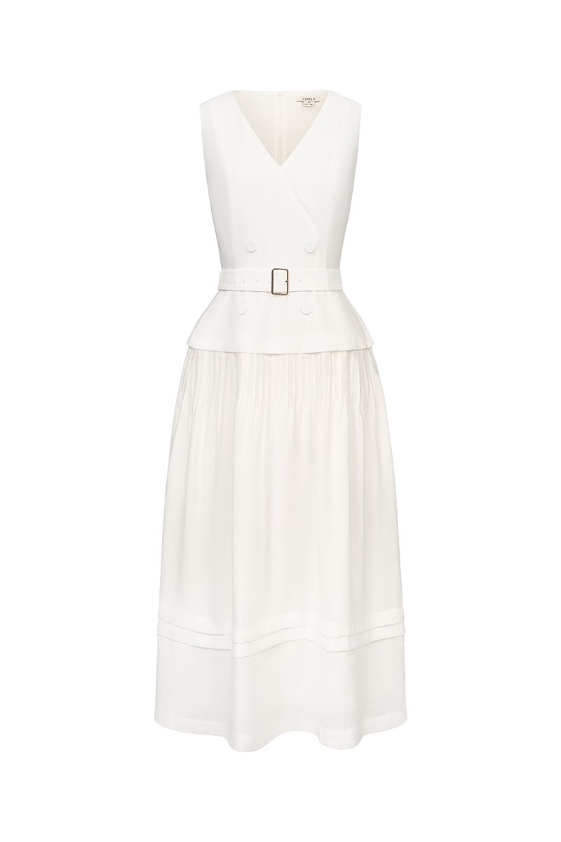 Reagan V-Neck Pleated Midi Dress in Iconic White