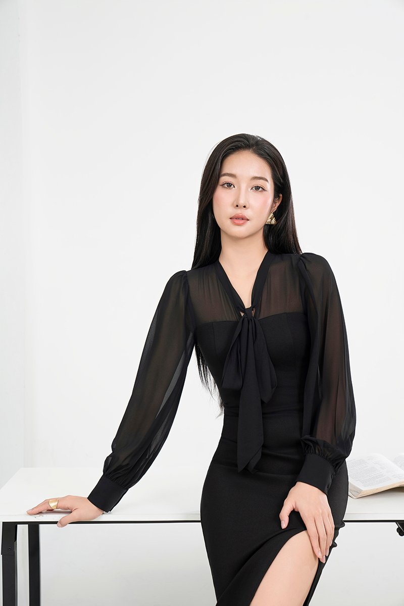 Sarang Chiffon Sleeves Pencil Dress in Classic Black