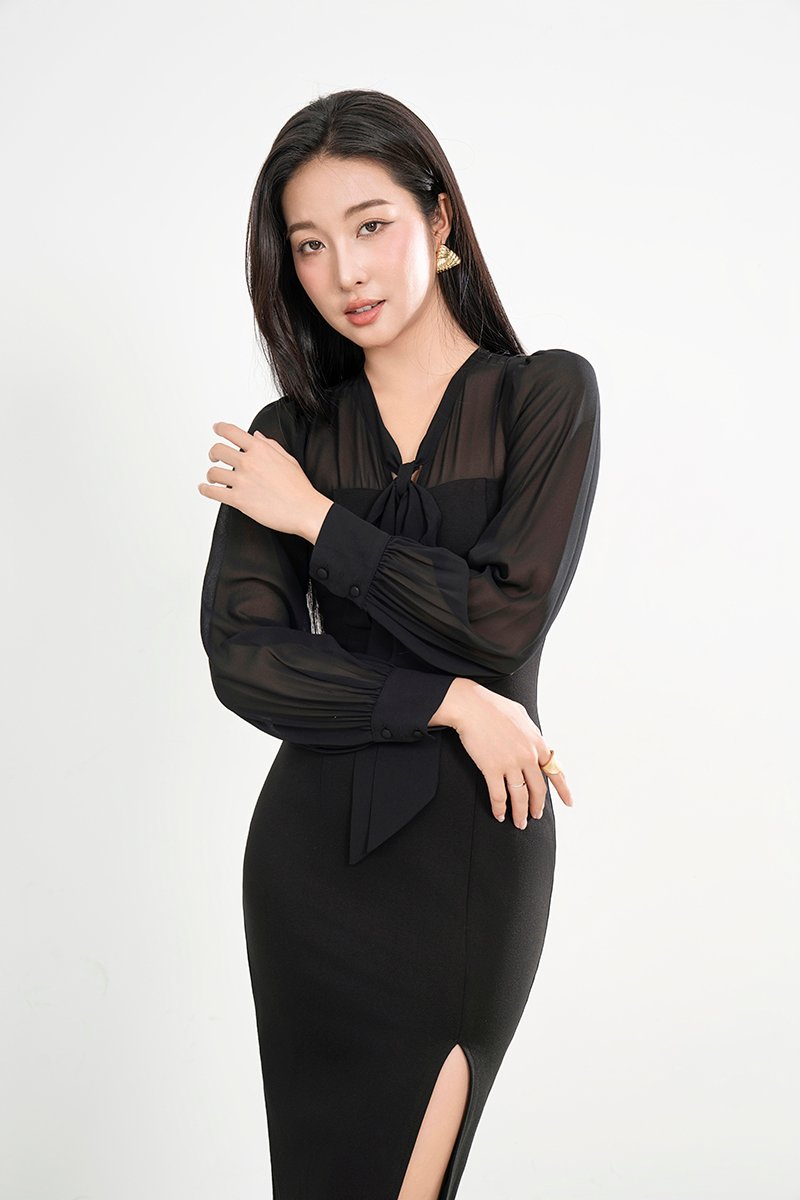 Sarang Chiffon Sleeves Pencil Dress in Classic Black