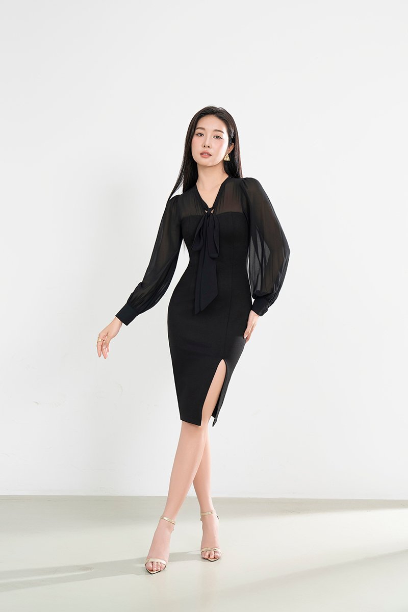 Sarang Chiffon Sleeves Pencil Dress in Classic Black