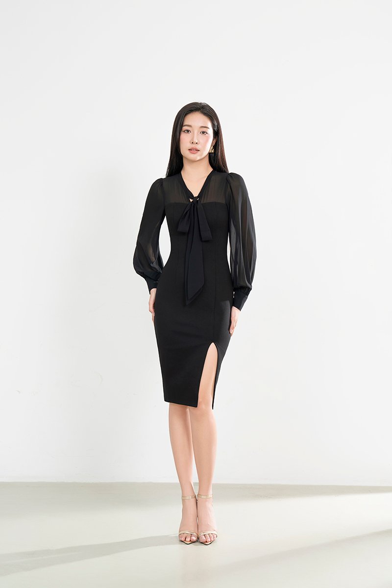 Sarang Chiffon Sleeves Pencil Dress in Classic Black