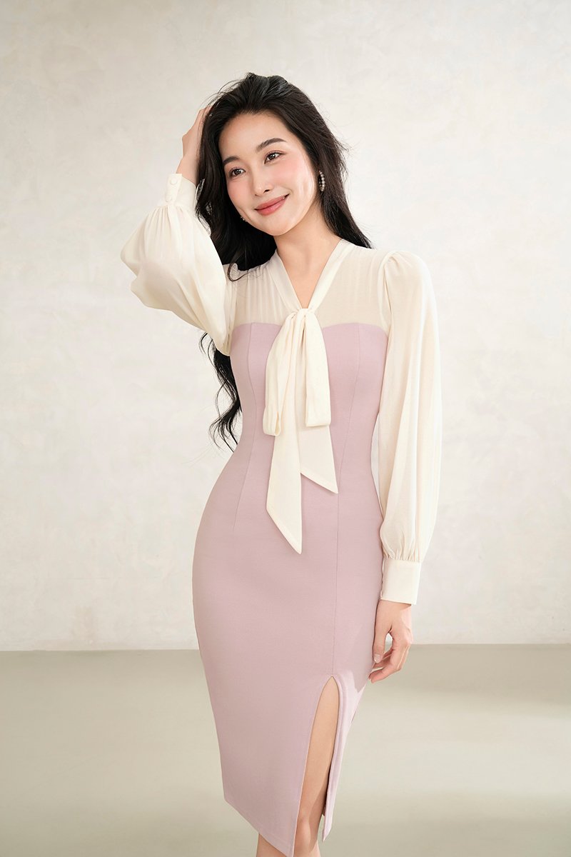 Sarang Chiffon Sleeves Pencil Dress in Lavender Fog with Ivory