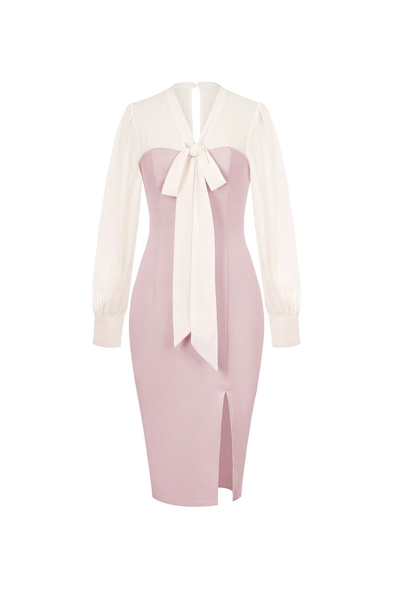 Sarang Chiffon Sleeves Pencil Dress in Lavender Fog with Ivory