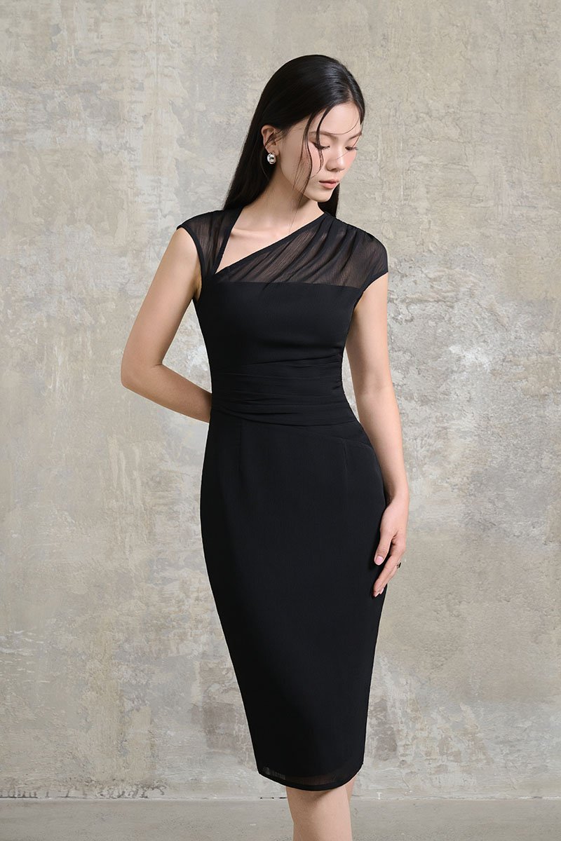 Virelle Cap Asymmetrical Pencil Dress in Classic Black