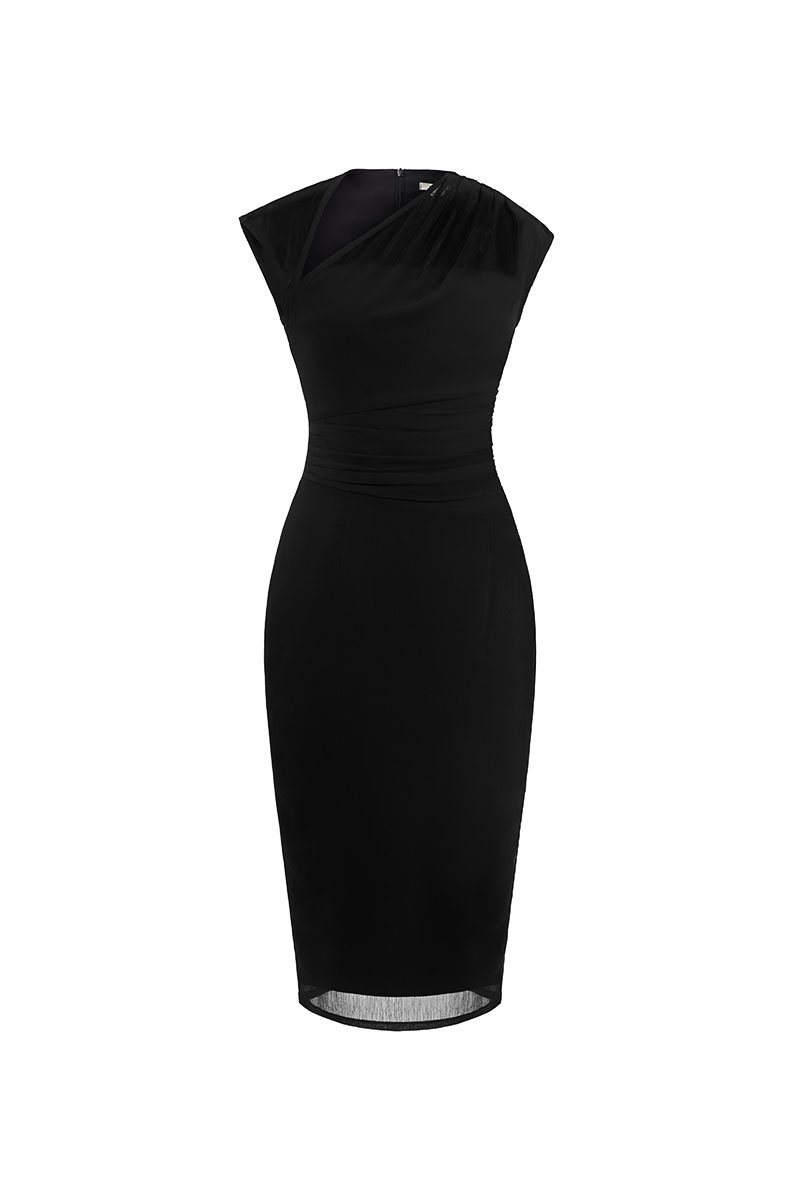 Virelle Cap Asymmetrical Pencil Dress in Classic Black
