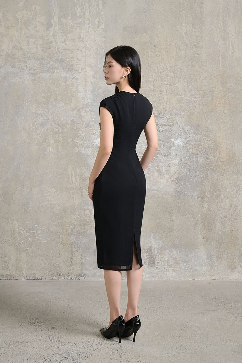 Virelle Cap Asymmetrical Pencil Dress in Classic Black