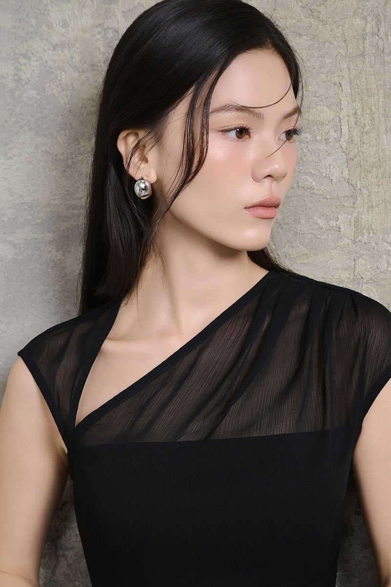 Virelle Cap Asymmetrical Pencil Dress in Classic Black