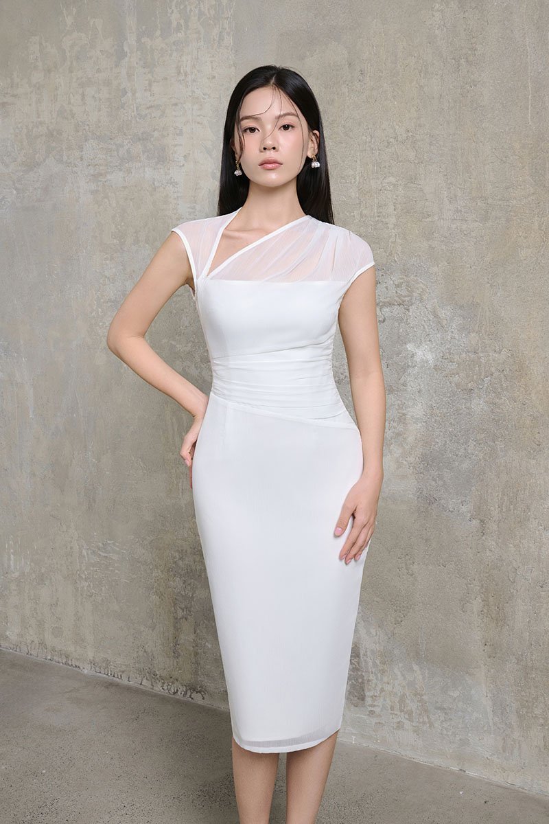 Virelle Cap Asymmetrical Pencil Dress in Iconic White