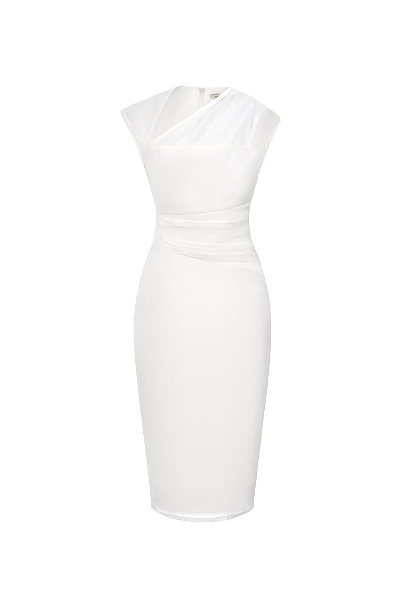 Virelle Cap Asymmetrical Pencil Dress in Iconic White