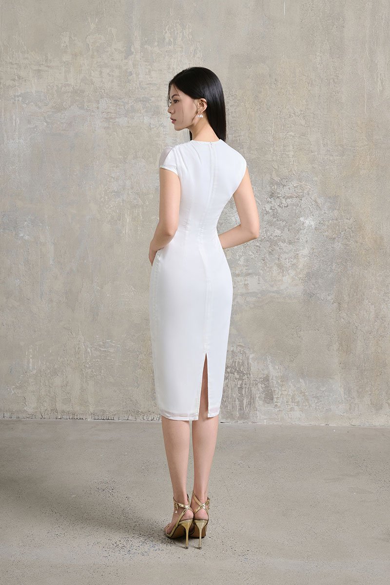 Virelle Cap Asymmetrical Pencil Dress in Iconic White