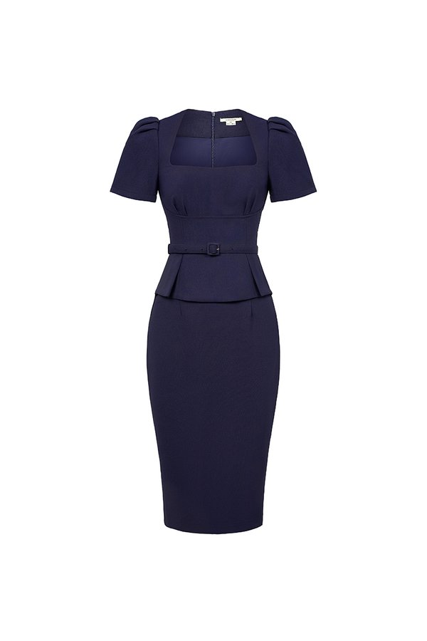Ellis Peplum Pencil Dress in Navy Blue
