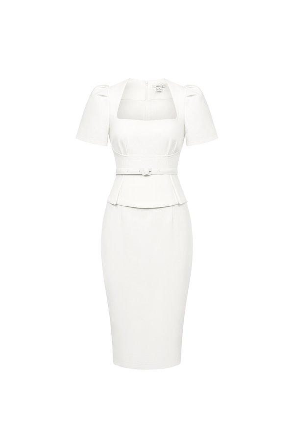 Ellis Peplum Pencil Dress in Iconic White