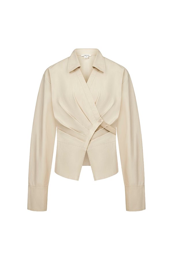 Gaeul Crossover Pleated Shirt in Soft Khaki