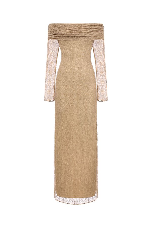 Maia Padded Off Shoulder Maxi Dress in Desert Sand