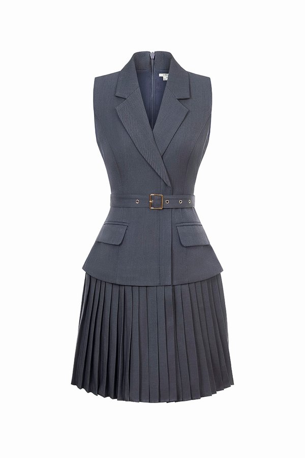 Minji Tailored Pleated Mini Dress in Gentleman's Grey