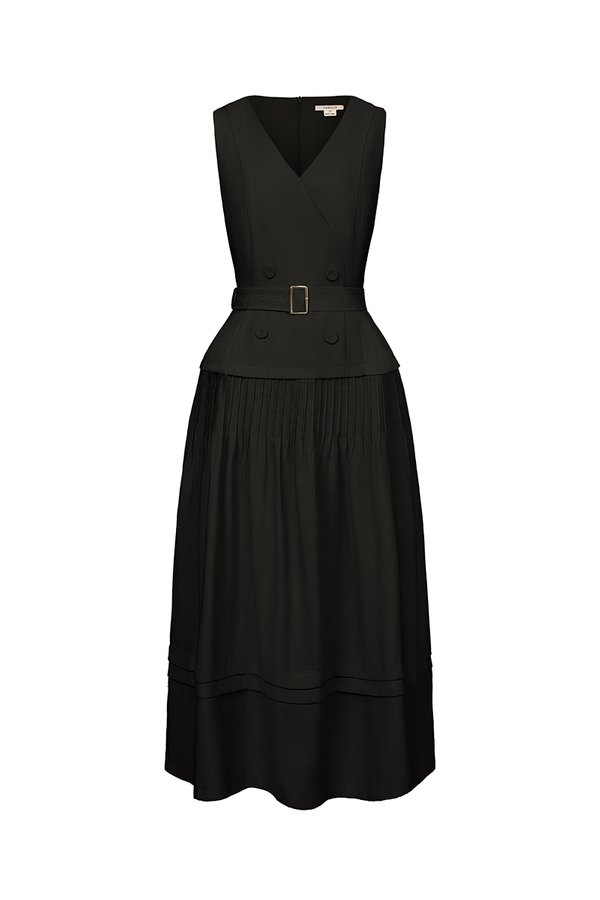 Reagan V-Neck Pleated Midi Dress in Classic Black