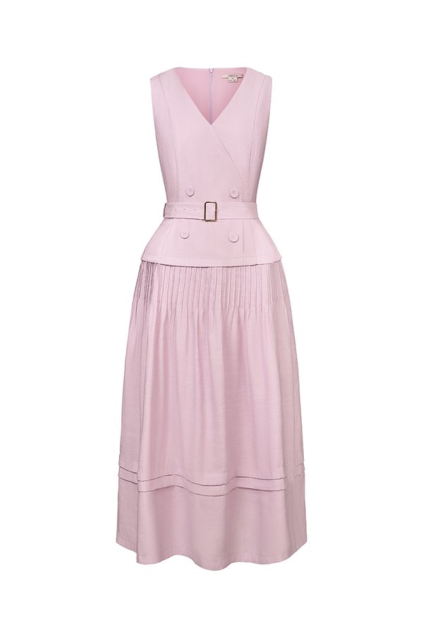 Reagan V-Neck Pleated Midi Dress in Soft Pink Lilac