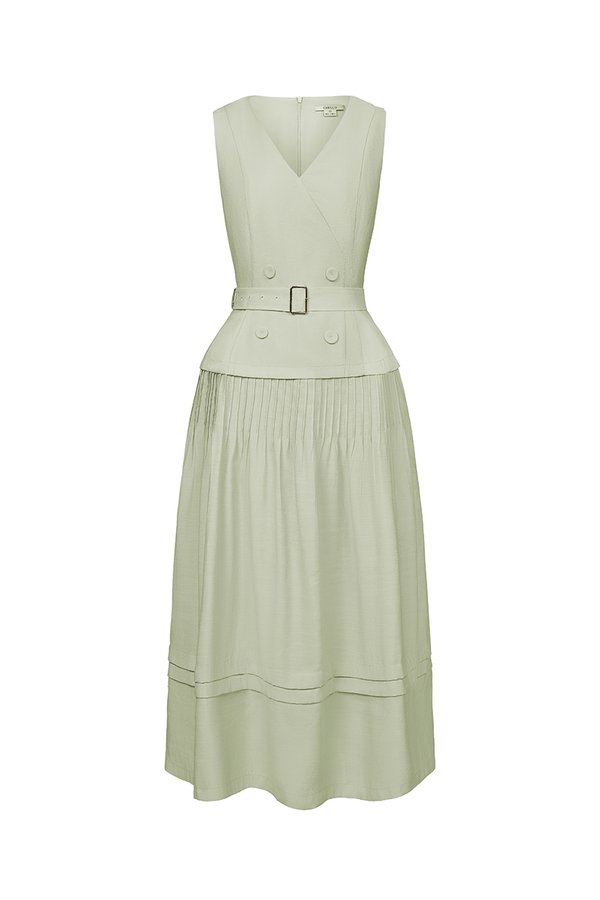 Reagan V-Neck Pleated Midi Dress in Sage Green