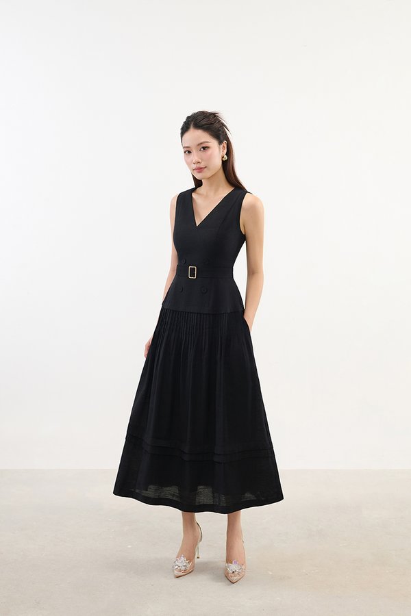 Reagan V-Neck Pleated Midi Dress in Classic Black