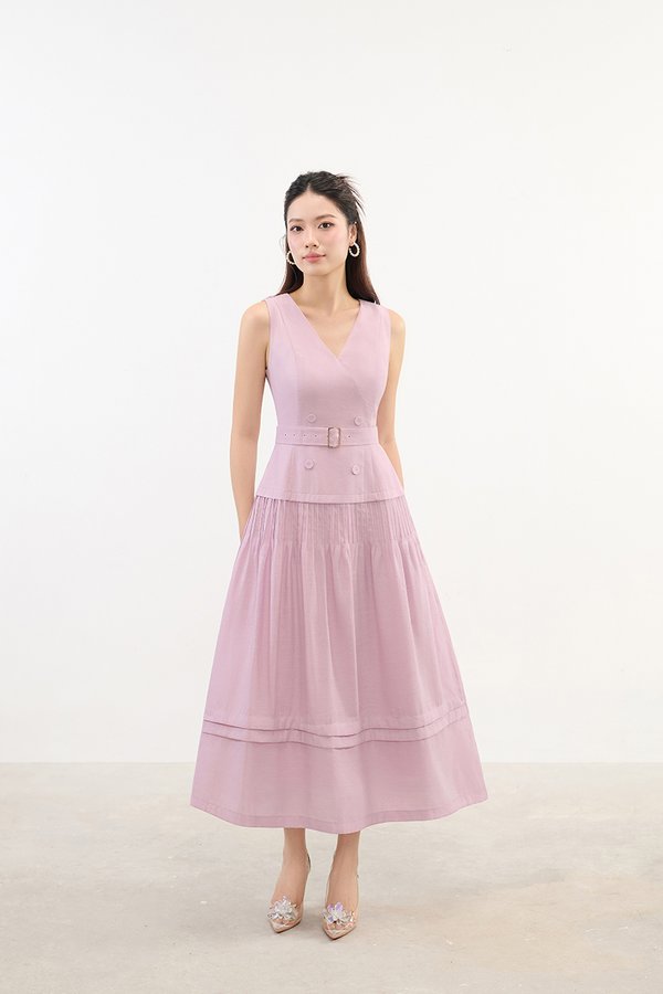 Reagan V-Neck Pleated Midi Dress in Soft Pink Lilac