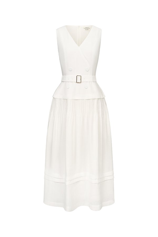 Reagan V-Neck Pleated Midi Dress in Iconic White