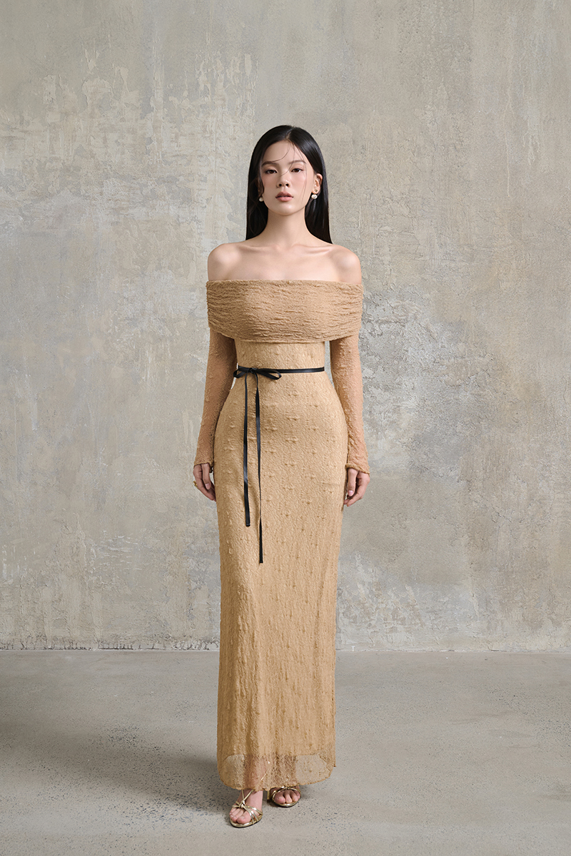 Maia Padded Off Shoulder Maxi Dress in Desert Sand | Chello