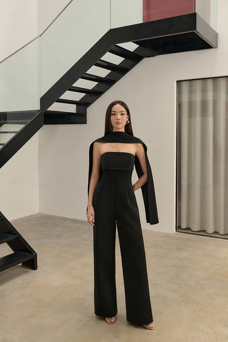 C&eacute;drine Padded Tube Jumpsuit with Sash in Classic Black