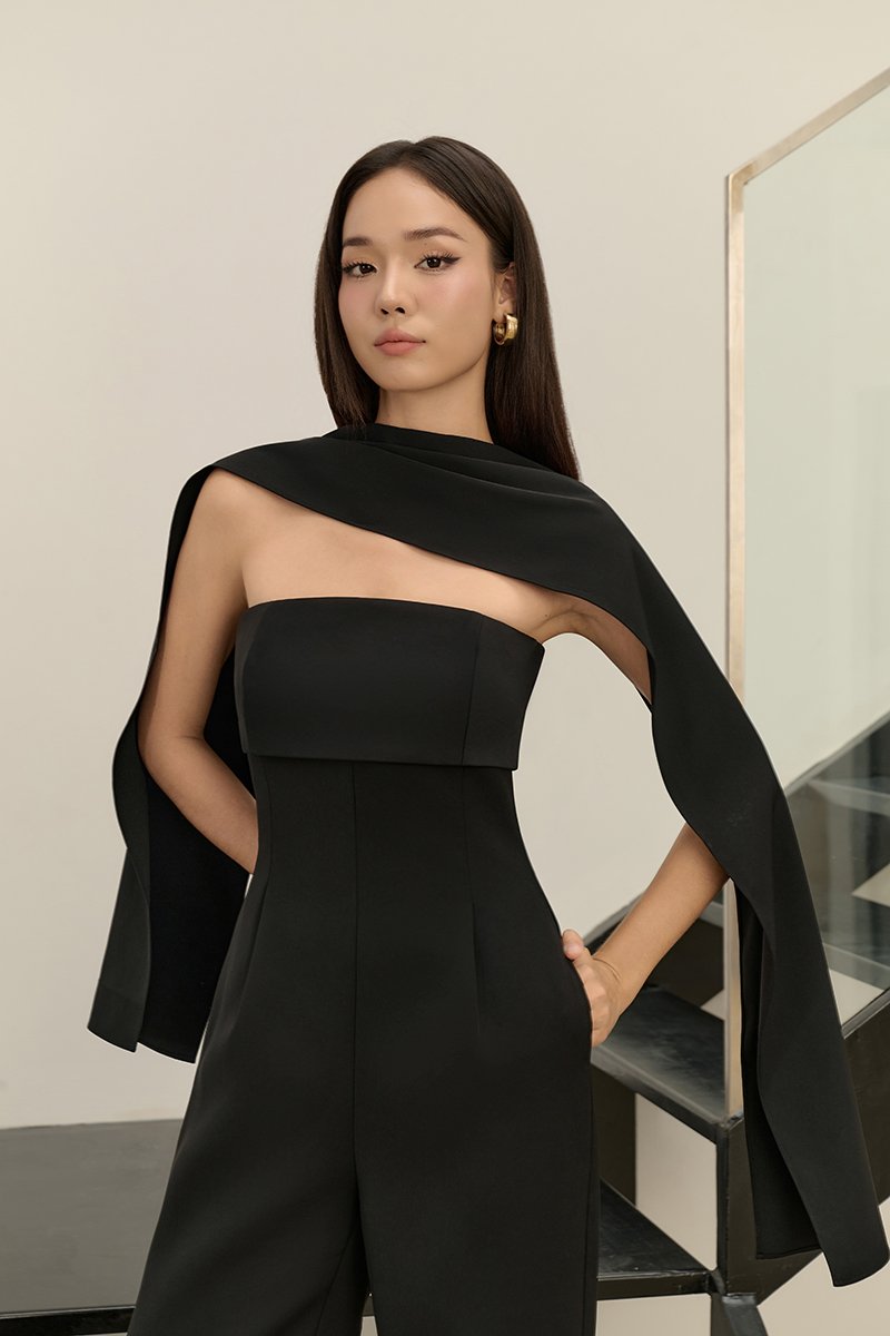 C&eacute;drine Padded Tube Jumpsuit with Sash in Classic Black