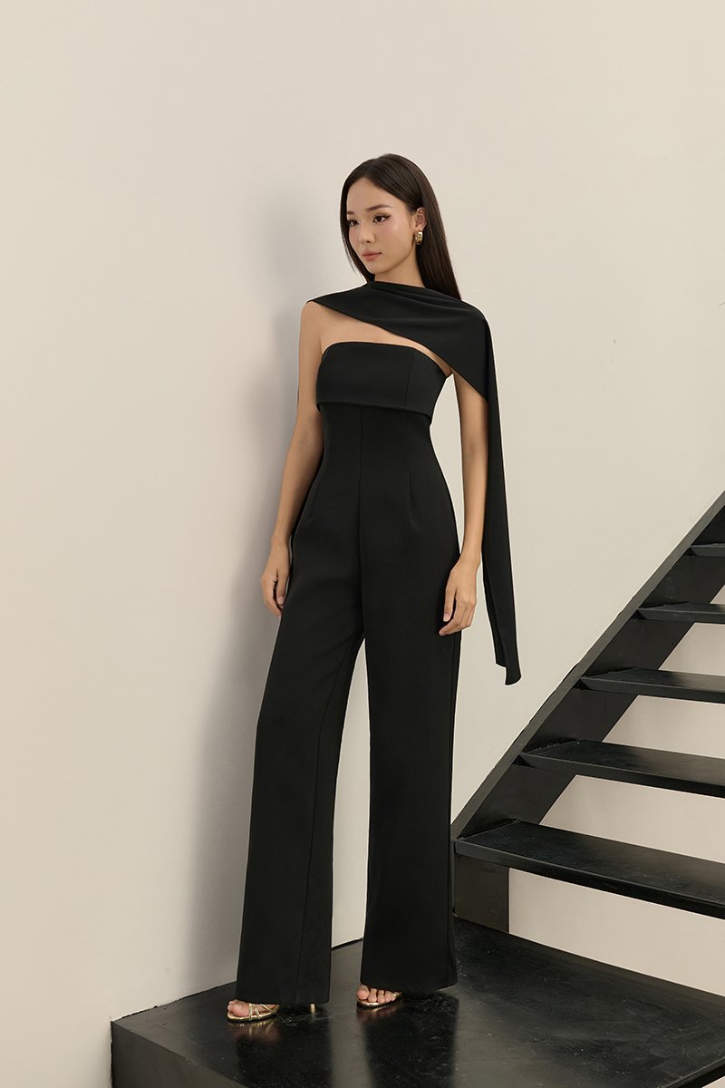 C&eacute;drine Padded Tube Jumpsuit with Sash in Classic Black